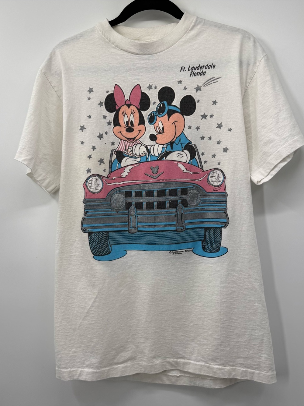Disney White Graphic Tee with Pink and Blue Minnie & Mickey Car